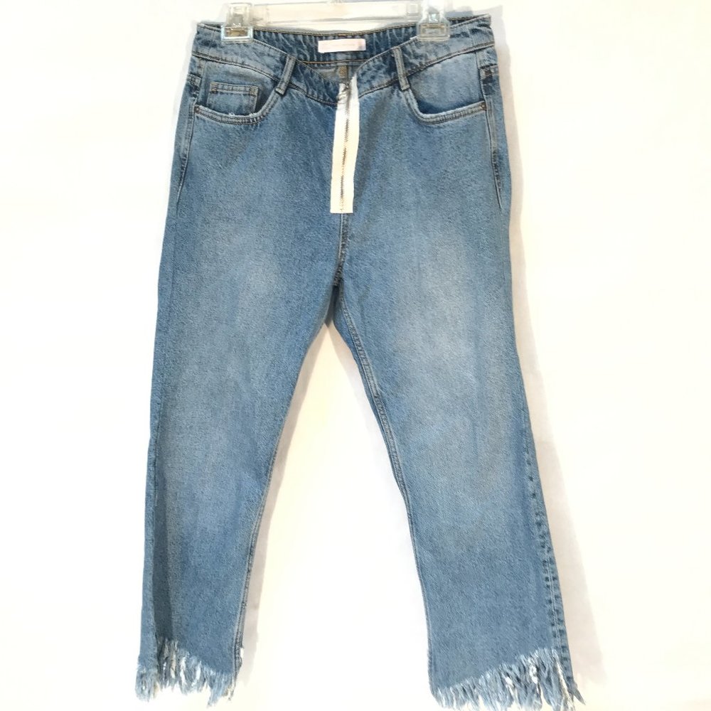 ZARA Trafaluo Denimwear Jeans Zipper Sexy Size 10 light Blue Denim Frayed Fringe